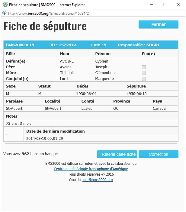 Fiche de sépulture de la base de données BMS2000