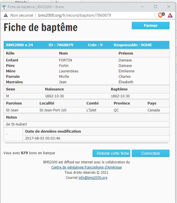 Fiche de baptême de la base de données BMS2000