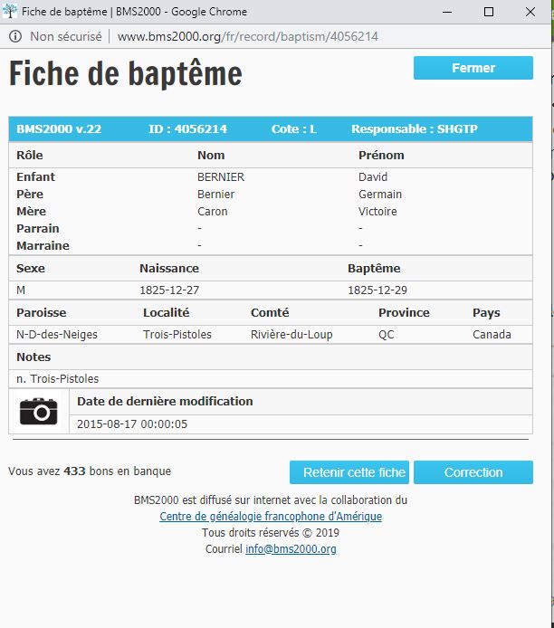 Fiche de baptême de la base de données BMS2000