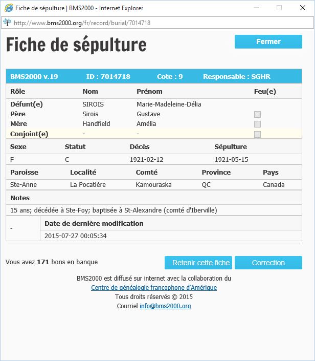 Fiche de sépulture de la base de données BMS2000