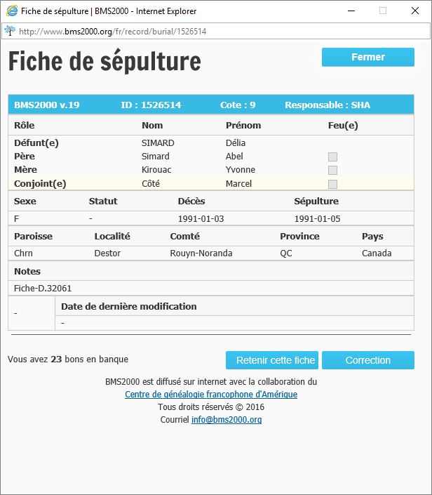 Fiche de sépulture de la base de données BMS2000