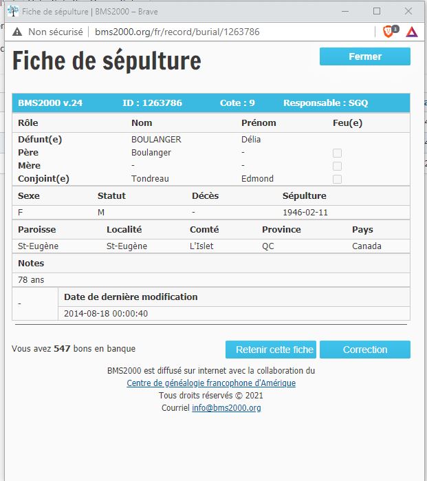 Fiche de sépulture de la base de données BMS2000 Fiche de sépulture de la base de données BMS2000