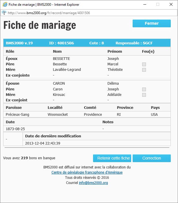 Fiche de mariage de la base de données BMS2000 Fiche de mariage de la base de données BMS2000
