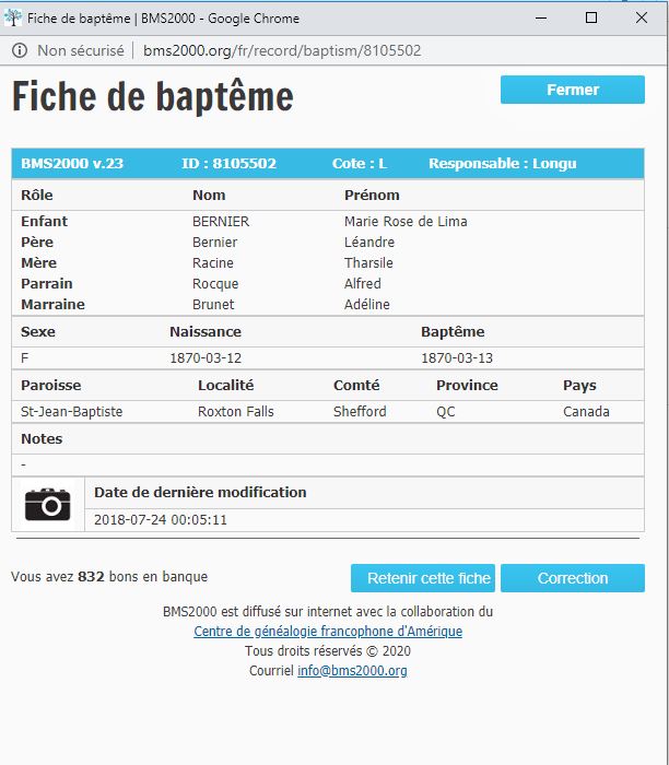 Fiche de baptême de la base de données BMS2000 Fiche de baptême de la base de données BMS2000