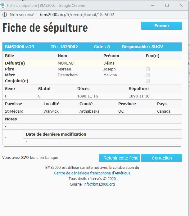 Fiche de sépulture de la base de données BMS2000