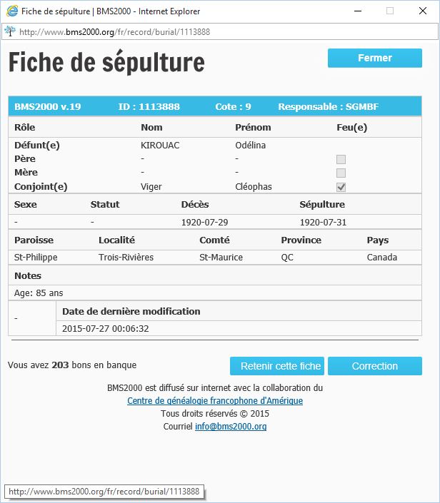 Fiche de sépulture de la base de données BMS2000