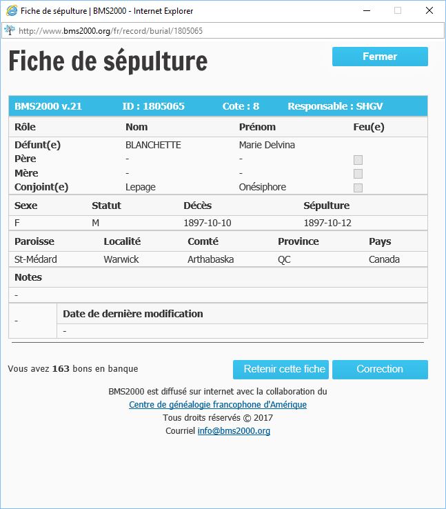 Fiche de sépulture de la base de données BMS2000