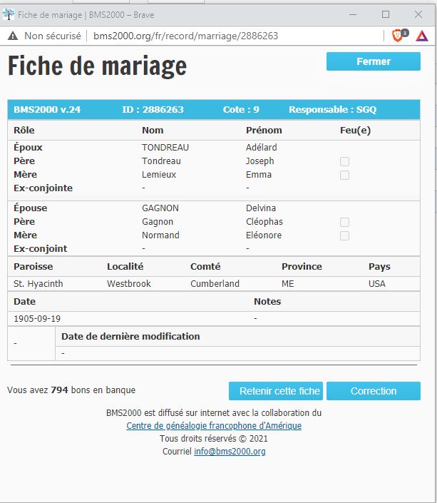 Fiche de mariage de la base de données BMS2000