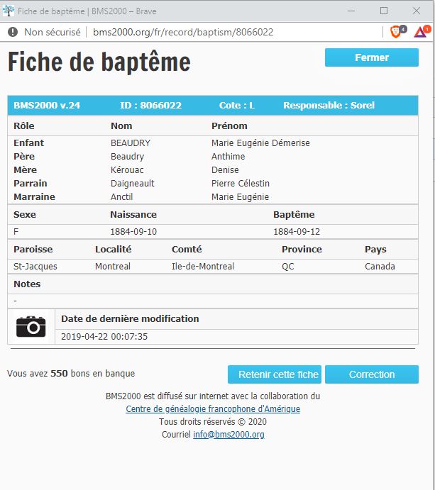 Fiche de baptême de la base de données BMS2000