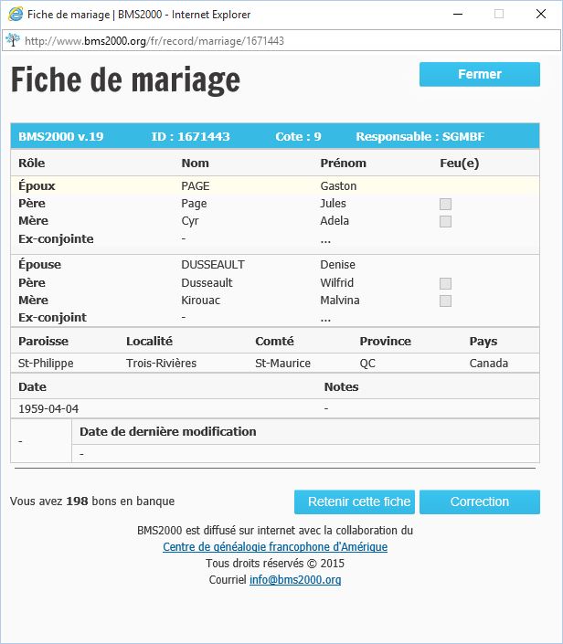 Fiche de mariage de la base de données BMS2000