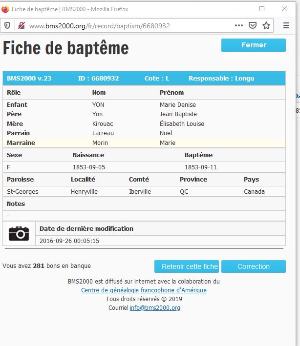 Fiche de baptême de la base de données BMS2000