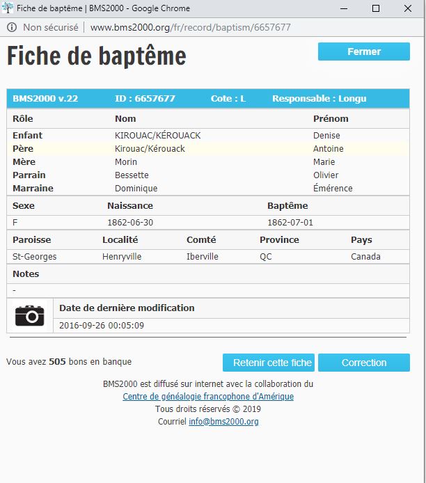 Fiche de baptême de la base de données BMS2000