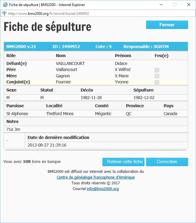 Fiche de sépulture de la base de données BMS2000