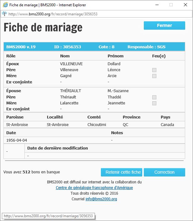 Fiche de mariage de la base de données BMS2000