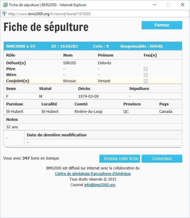 Fiche de sépulture de la base de données BMS2000