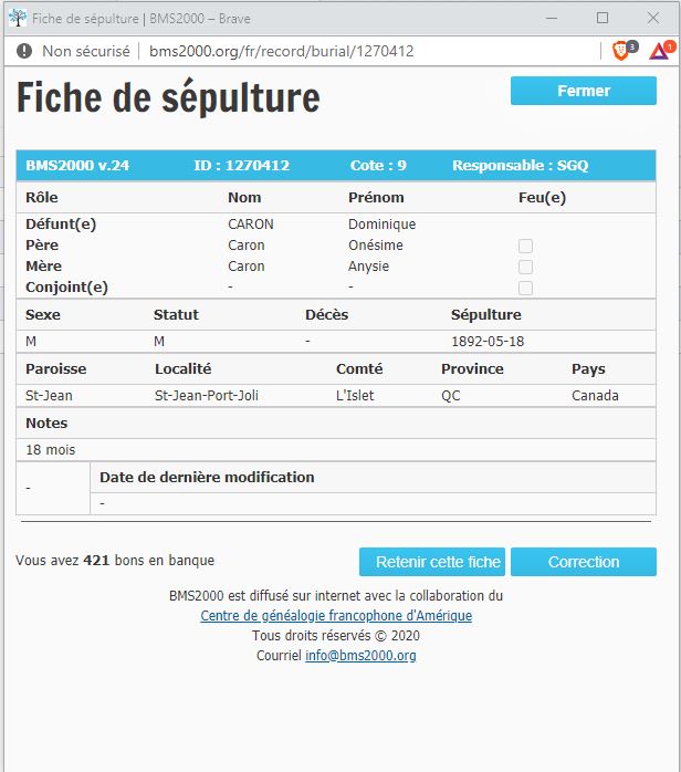 Fiche de sépulture de la base de données BMS2000