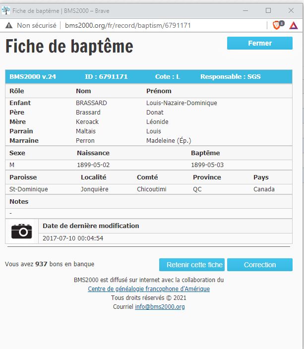 Fiche de baptême de la base de données BMS2000