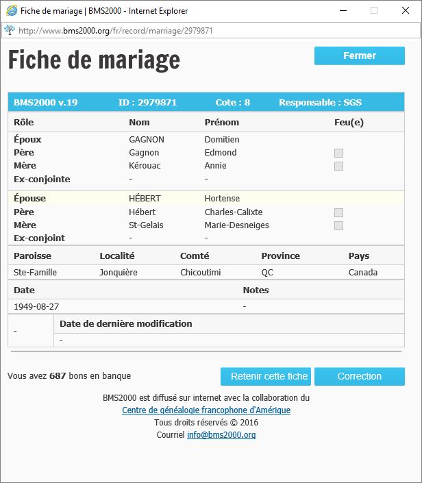 Fiche de mariage de la base de données BMS2000