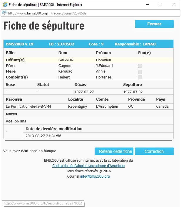 Fiche de sépulture de la base de données BMS2000