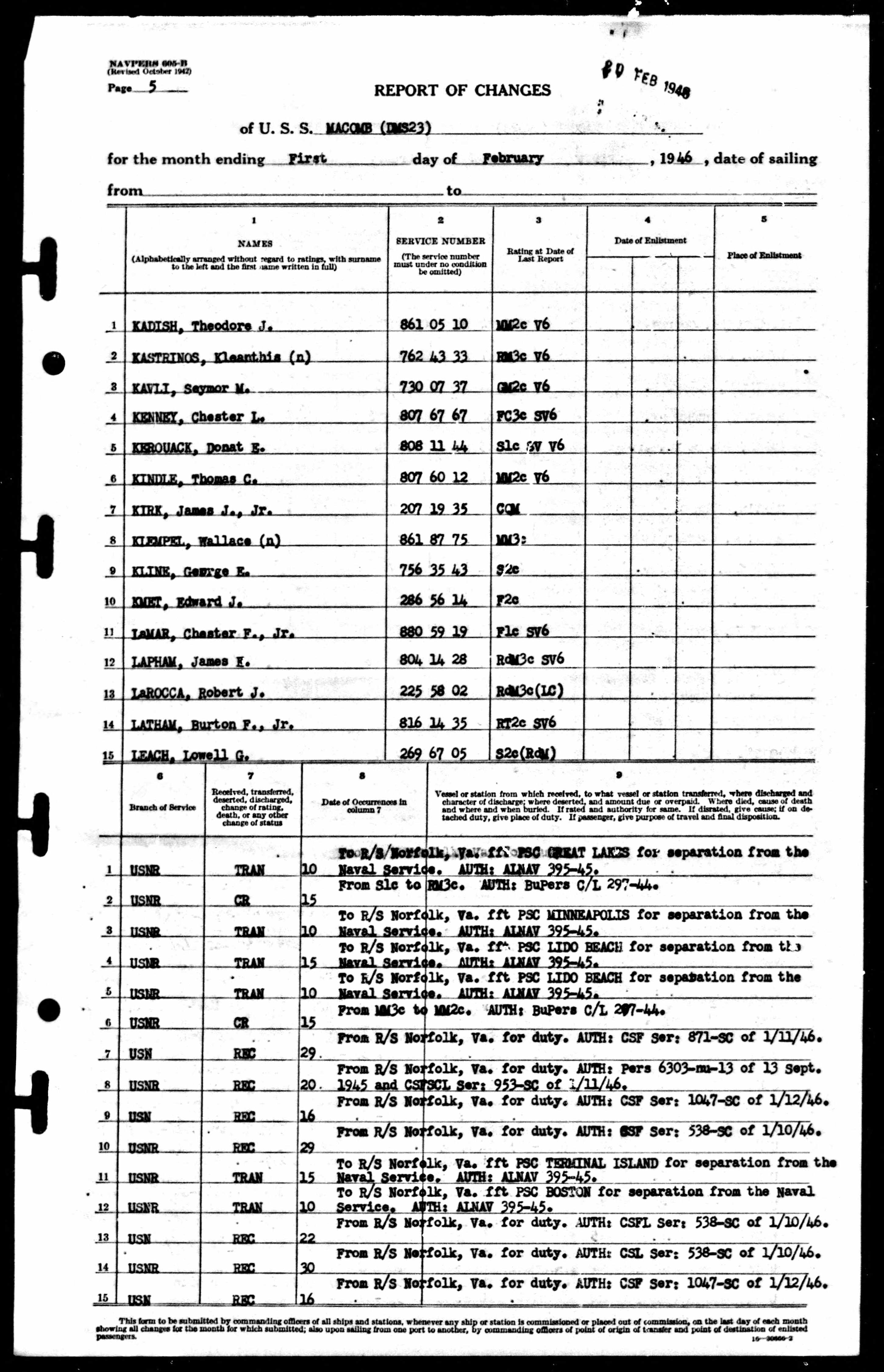 Liste d'enrôlement Guerre 1939-1945, février 1946