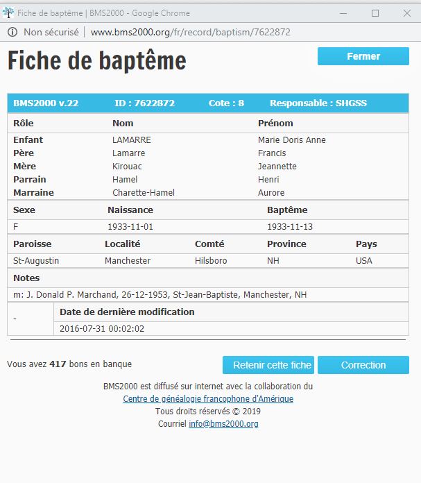 Fiche de baptême de la base de données BMS2000