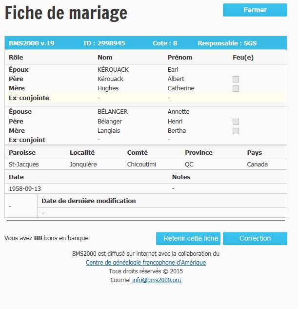 Fiche de mariage de la base de données BMS2000 Fiche de mariage de la base de données BMS2000