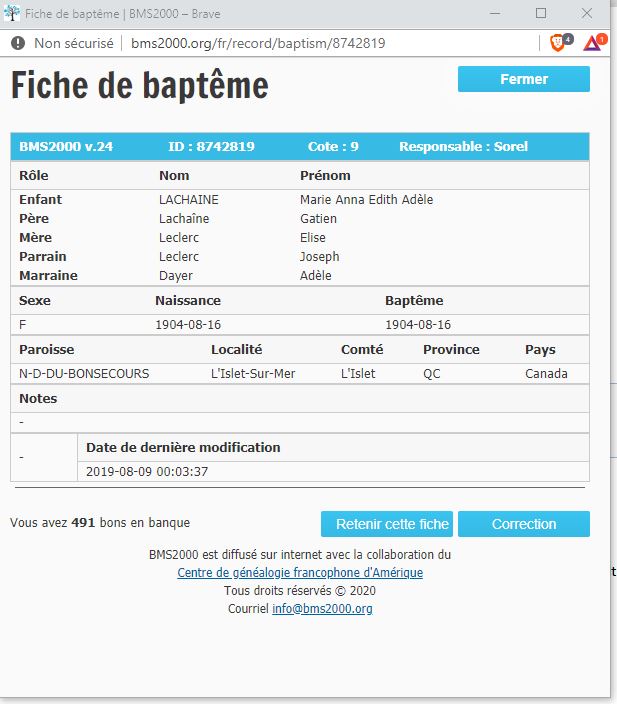 Fiche de baptême de la base de données BMS2000 Fiche de baptême de la base de données BMS2000