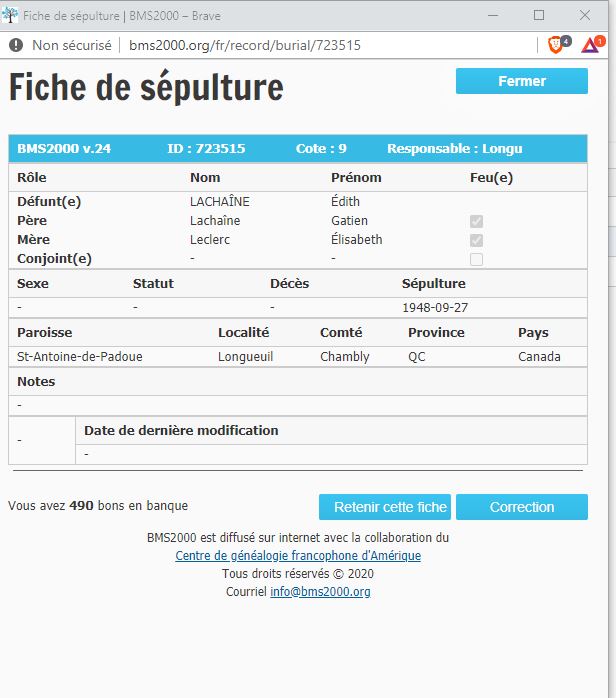 Fiche de sépulture de la base de données BMS2000 Fiche de sépulture de la base de données BMS2000