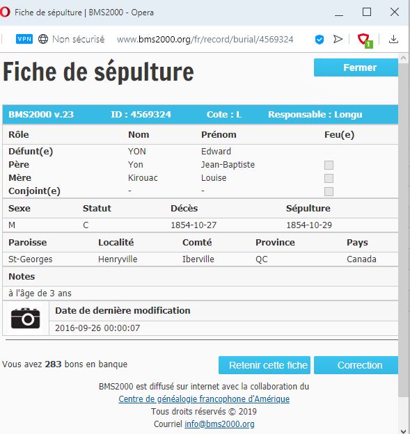 Fiche de sépulture de la base de données BMS2000
