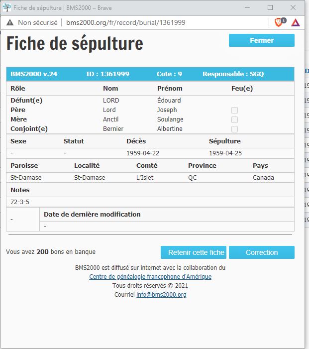Fiche de sépulture de la base de données BMS2000