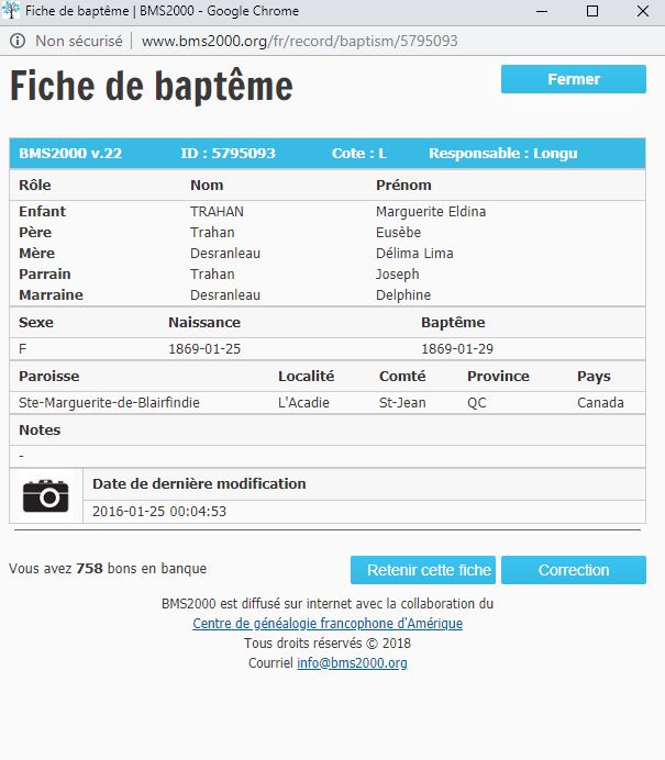 Fiche de baptême de la base de données BMS2000