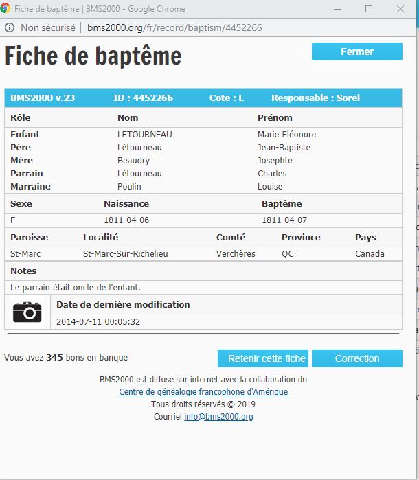 Fiche de baptême de la base de données BMS2000