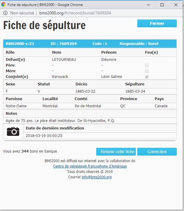 Fiche de sépulture de la base de données BMS2000
