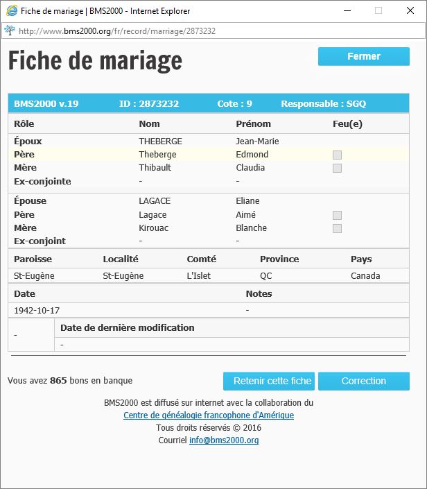 Fiche de mariage de la base de données BMS2000