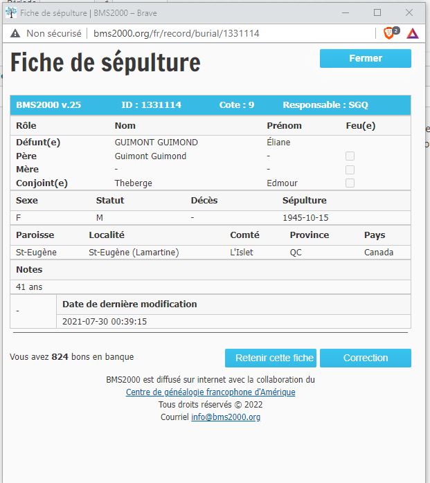 Fiche de sépulture de la base de données BMS2000