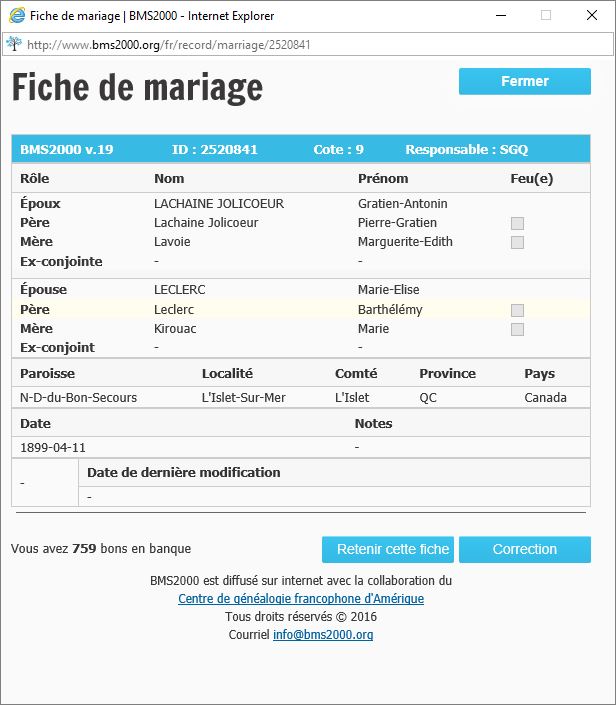 Fiche de mariage de la base de données BMS2000