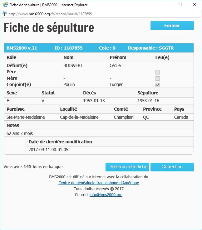 Fiche de sépulture de la base de données BMS2000