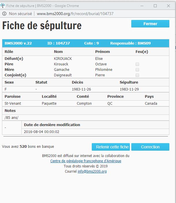 Fiche de sépulture de la base de données BMS2000