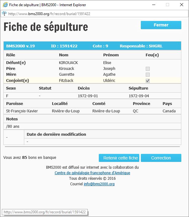 Fiche de sépulture de la base de données BMS2000