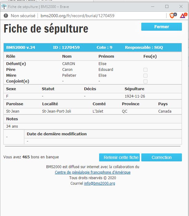 Fiche de sépulture de la base de données BMS2000