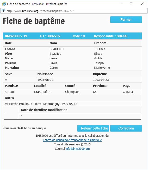 Fiche de baptême de la base de données BMS2000