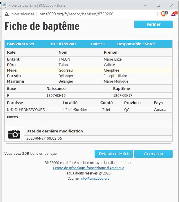 Fiche de baptême de la base de données BMS2000