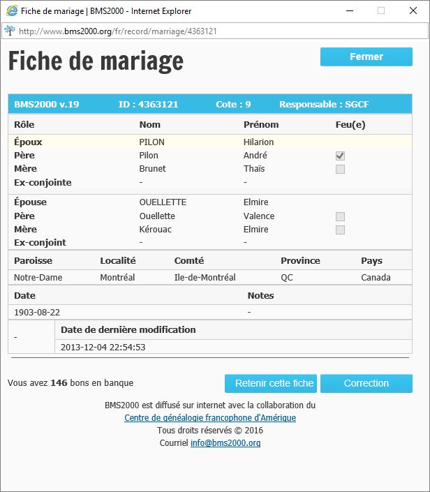 Fiche de mariage de la base de données BMS2000 Fiche de mariage de la base de données BMS2000
