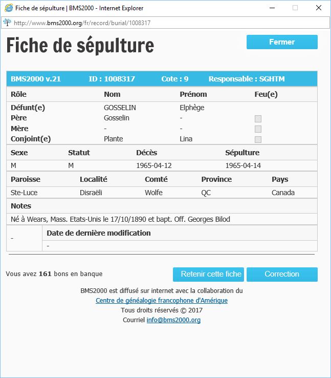 Fiche de sépulture de la base de données BMS2000