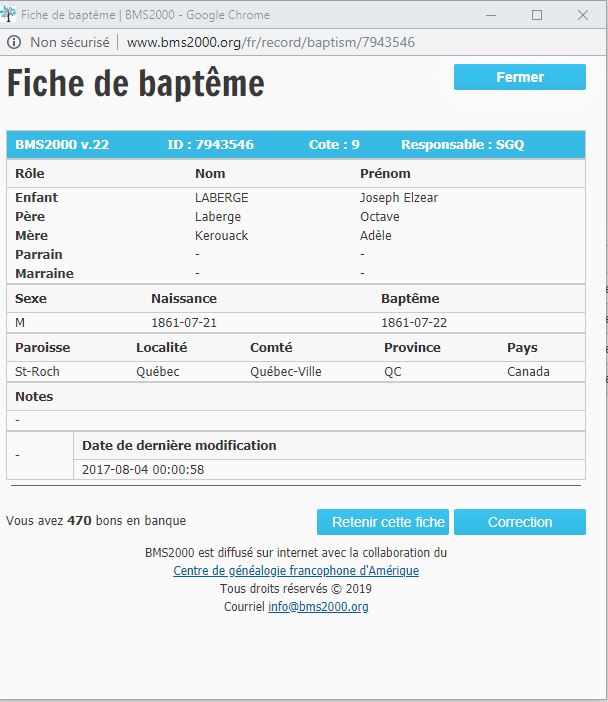 Fiche de baptême de la base de données BMS2000