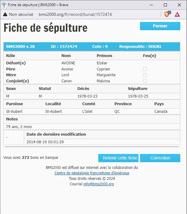 Fiche de sépulture de la base de données BMS2000