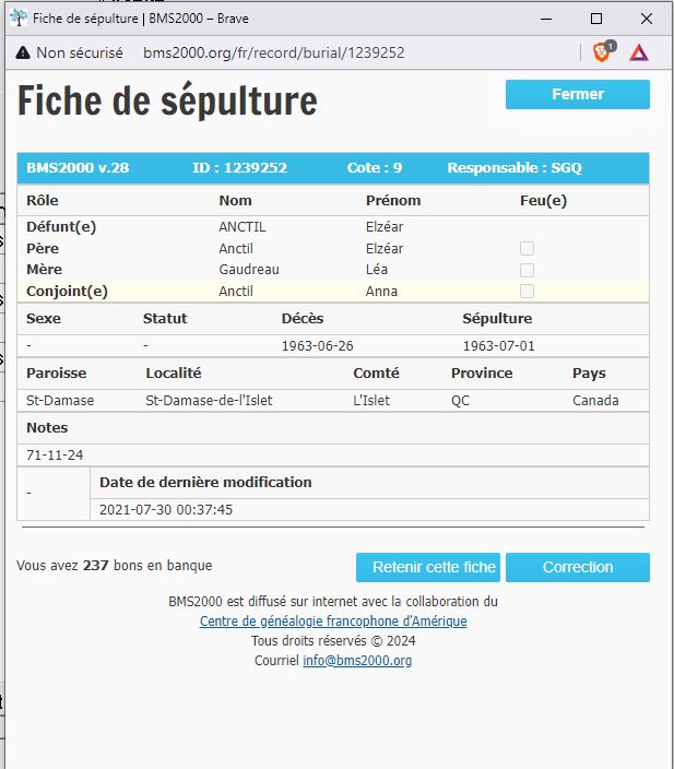 Fiche de sépulture de la base de données BMS2000 Fiche de sépulture de la base de données BMS2000