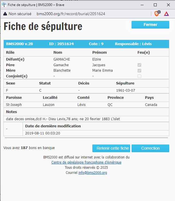 Fiche de sépulture de la base de données BMS2000