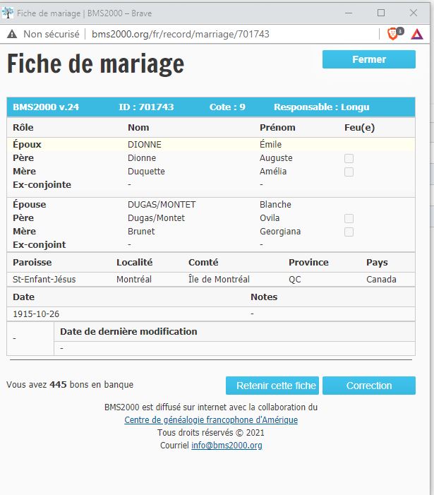 Fiche de mariage de la base de données BMS2000