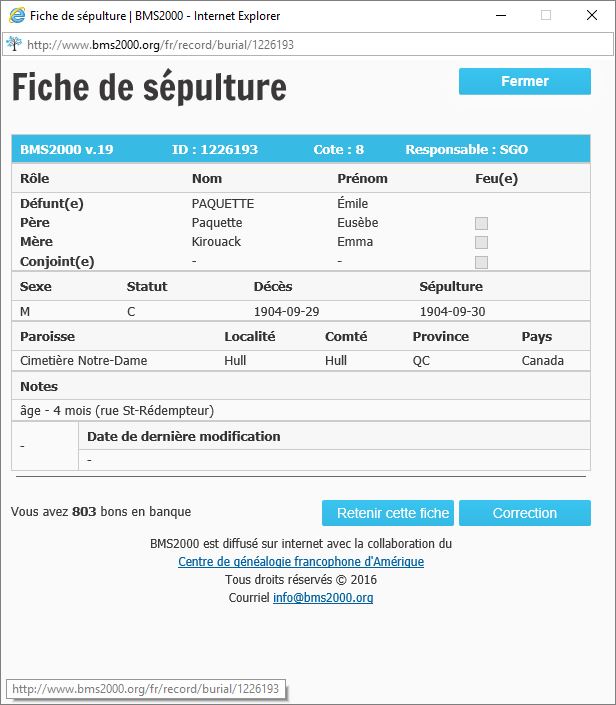 Fiche de sépulture de la base de données BMS2000 Fiche de sépulture de la base de données BMS2000